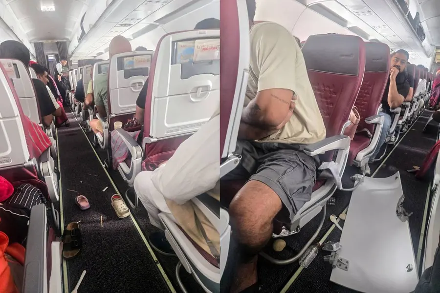 An inside view of the Air India flight from Phuket to Delhi after it hit turbulence, injuring a number of passengers
