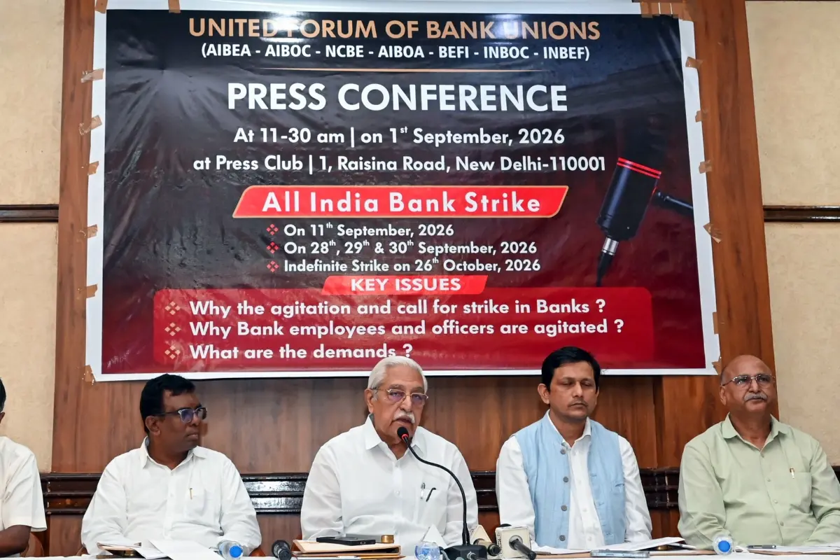 All India Bank Employees Association General Secretary C. H. Venkatachalam speaks during a press conference announcing the nationwide strike action over their pending demands at the Press Club of India, in New Delhi on Tuesday. United Forum of Bank Unions demands the implementation of a five-day banking week and the withdrawal of the revised Performance Linked Incentive. (ANI Photo)