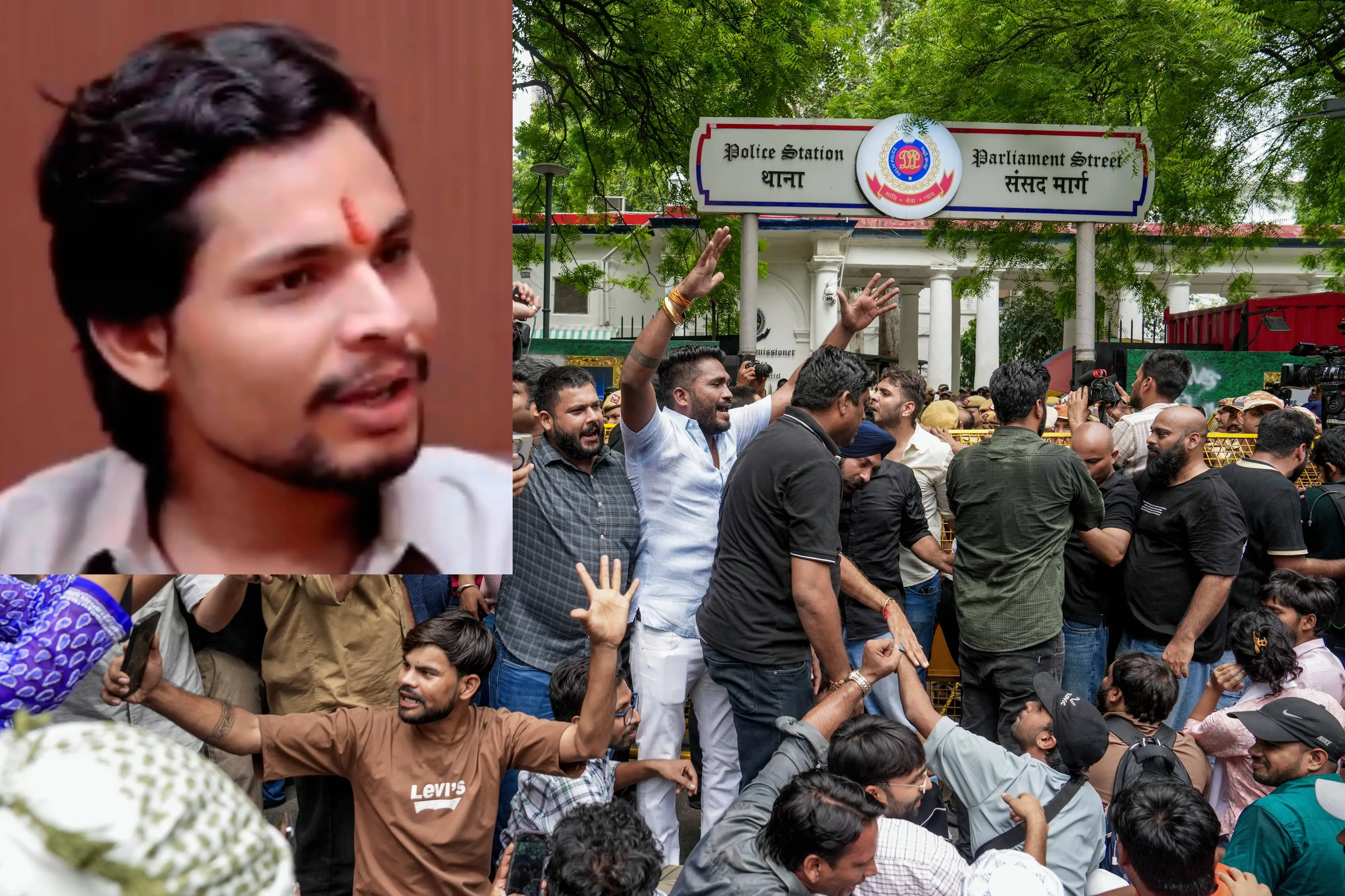 സിജെപി നടത്തിയ പ്രതിഷേധത്തിൽനിന്ന്, ഇൻസെെറ്റിൽ സ്വതന്ത്ര ഭരദ്വാജ് | Photo: PTI, സിജെപി എക്സിൽ പങ്കുവെച്ച വീഡിയോയിൽനിന്ന്