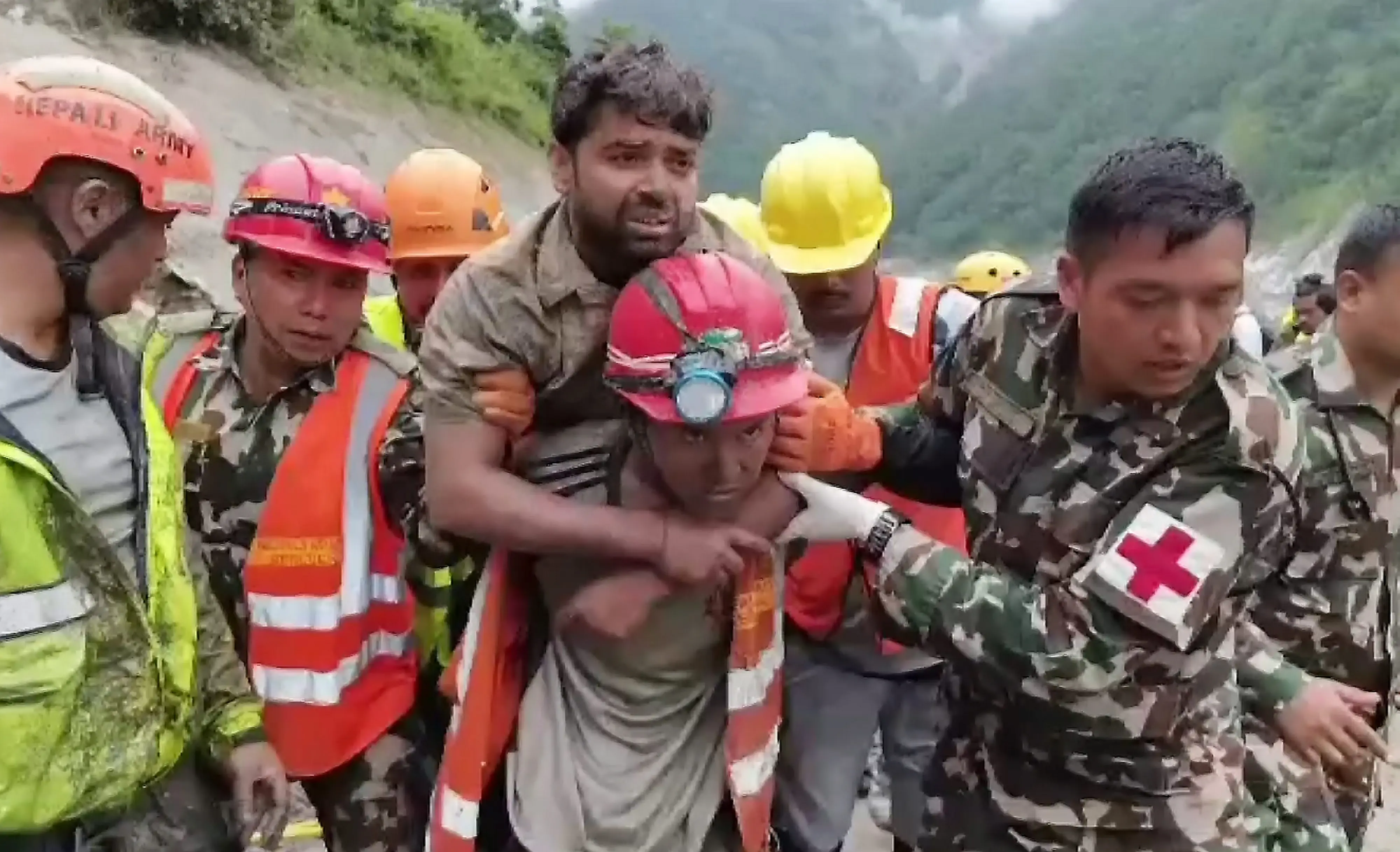 Sanjay Sah being rescued alive from a tunnel at the Trishuli 3A hydropower project | Photo: PTI