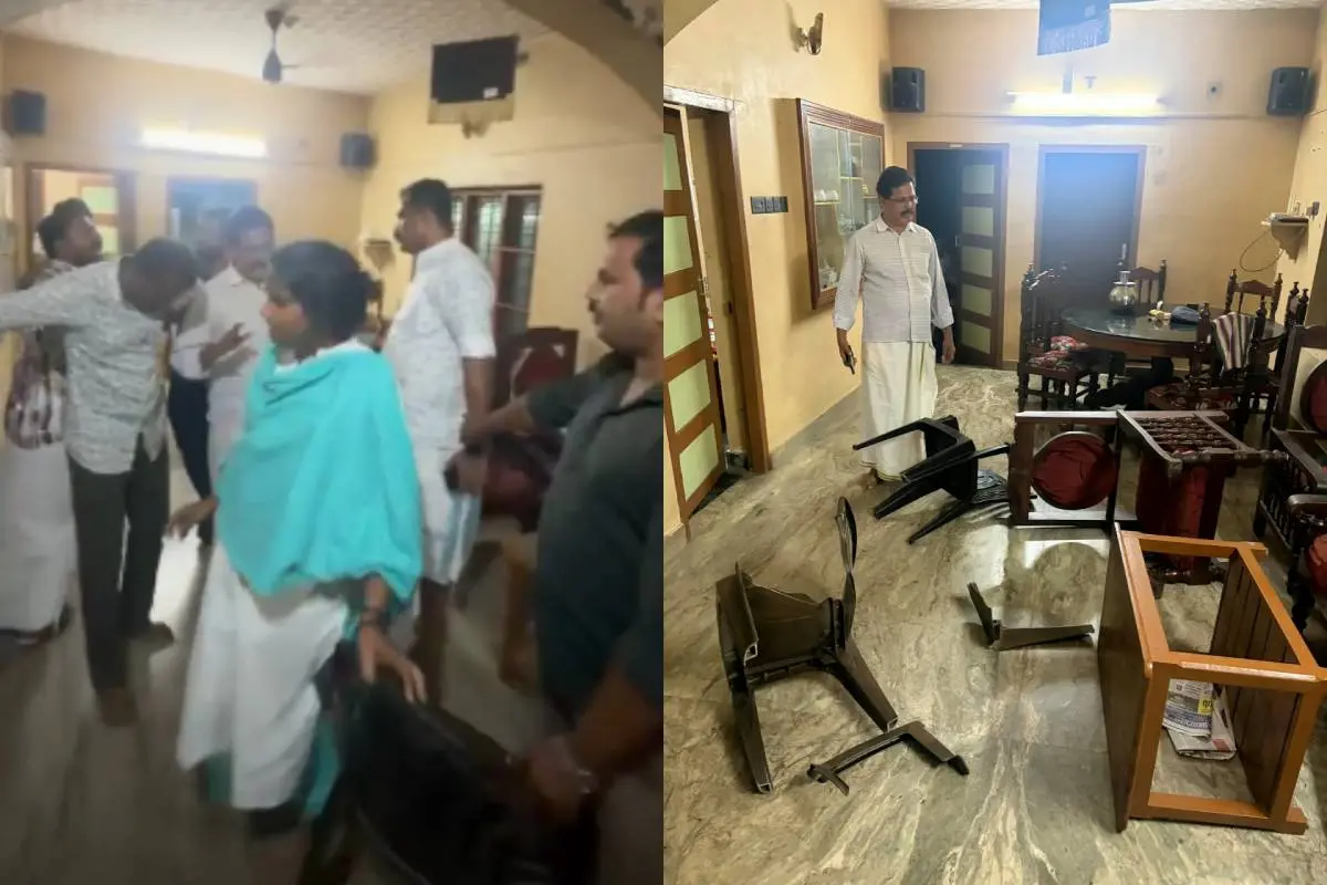 കോൺഗ്രസ് പ്രവർത്തകരും രമ്യ ഹരിദാസും തമ്മിലുള്ള തർക്കം, വാക്പോര് കൈയാങ്കളിയിലേക്ക് നീങ്ങിയതിനു പിന്നാലെയുള്ള ചിത്രം