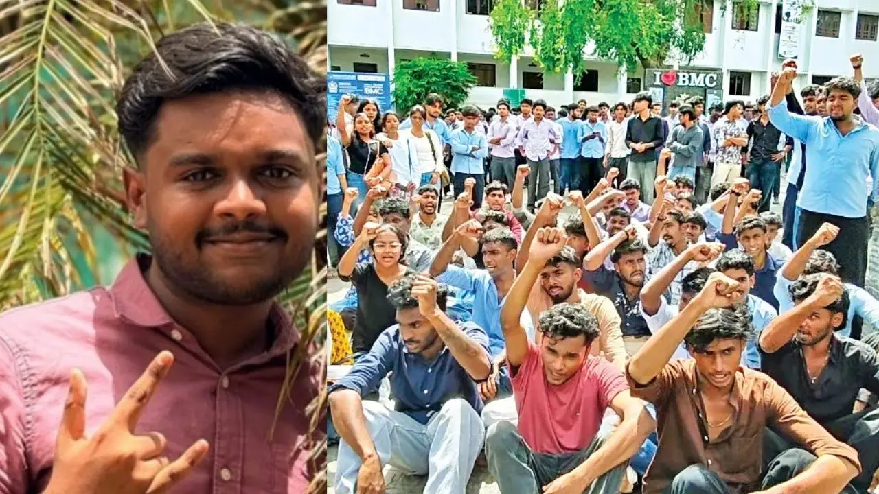 അറസ്റ്റിലായ എസ്. ശ്രീഹരി | സംഭവത്തിൽ പ്രതിഷേധിക്കുന്ന തൃക്കാക്കര ഭാരത മാതാ കോളേജിലെ വിദ്യാർഥികൾ (Images: Special arrangement)
