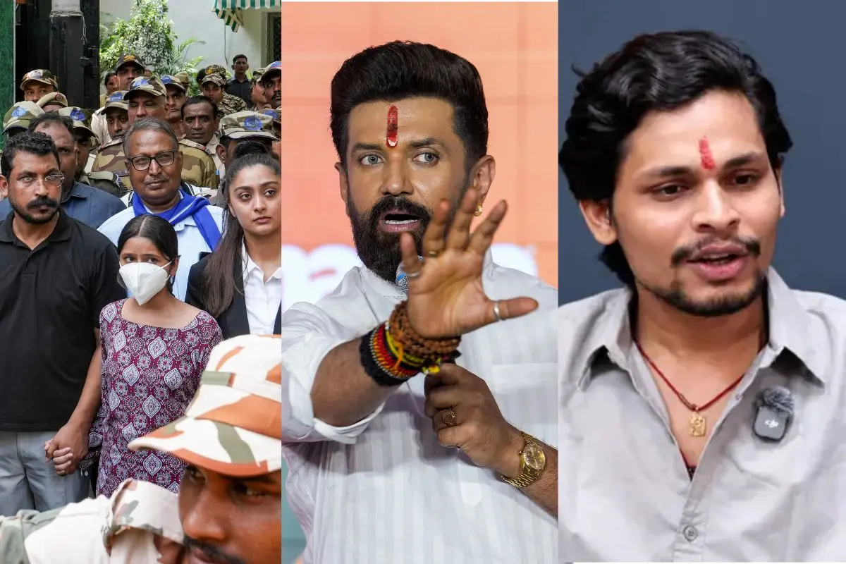 Azad Samaj Party supremo and MP Chandrashekhar Ravan, Cockroach Janta Party (CJP) spokespersons Saurav Das and Ashutosh Ranka along with CJP protester Nishu Azad, Chirag Paswan, Swatantra Bharadwaj (L to R)