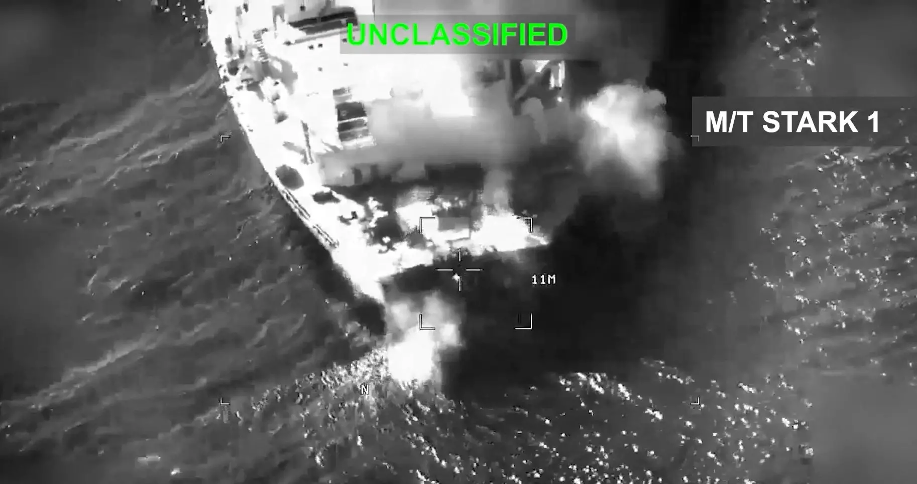 This screen grab made on September 5, 2026 from handout video footage released by the US Central Command (CENTCOM) on X (formerly known as Twitter) shows what CENTCOM says is US military forces striking an Iranian crude oil tanker, M/T Stark 1, off the coast of Jask, Iran