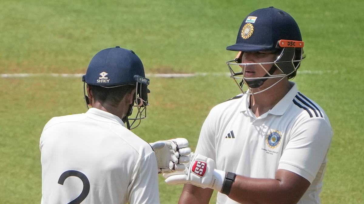 Chennai: East Zone's Vaibhav Sooryavanshi, right, and Abhimanyu Easwaran greet each other between the wickets on day one of the Duleep Trophy 2026-27 final cricket match between South Zone and East Zone, in Chennai, Sunday, Sept. 6, 2026. (PTI Photo/R Senthilkumar) (PTI09_06_2026_000034A)