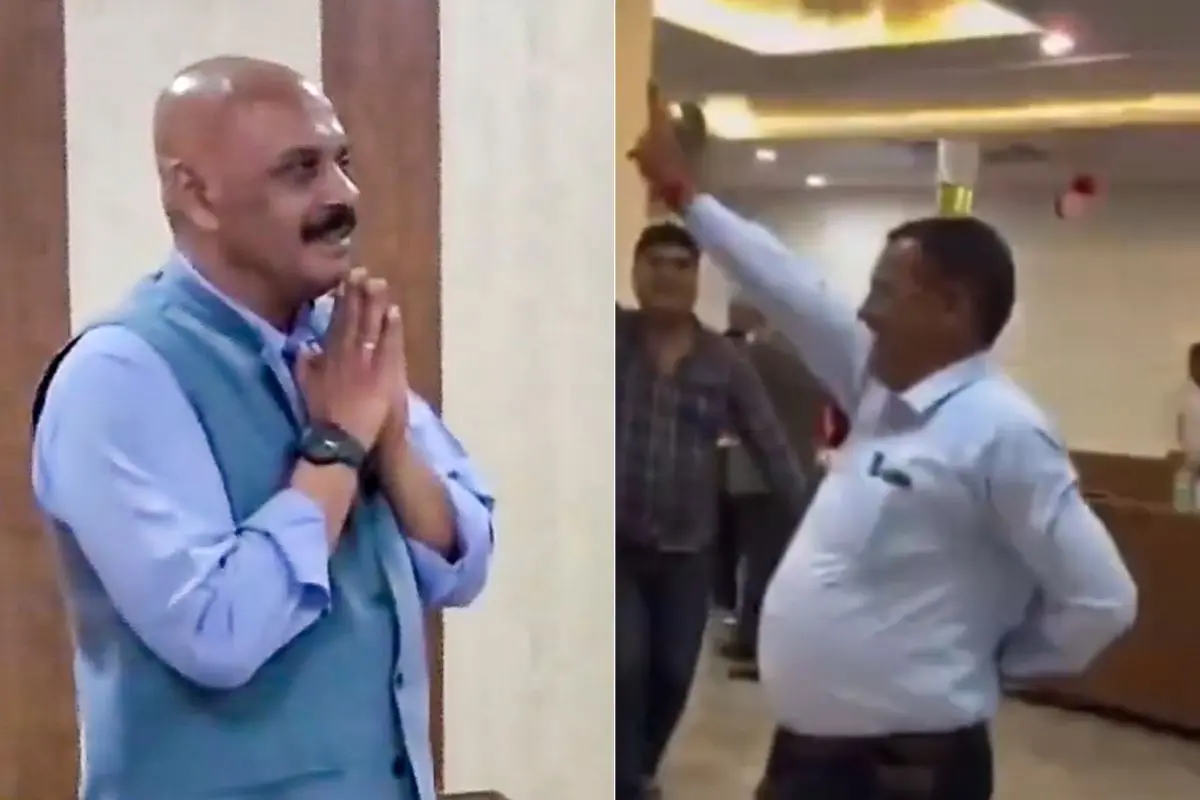 Ram Temple Trust CEO Jeetendra Mishra, viral clip of the 'alcohol party' (L to R)