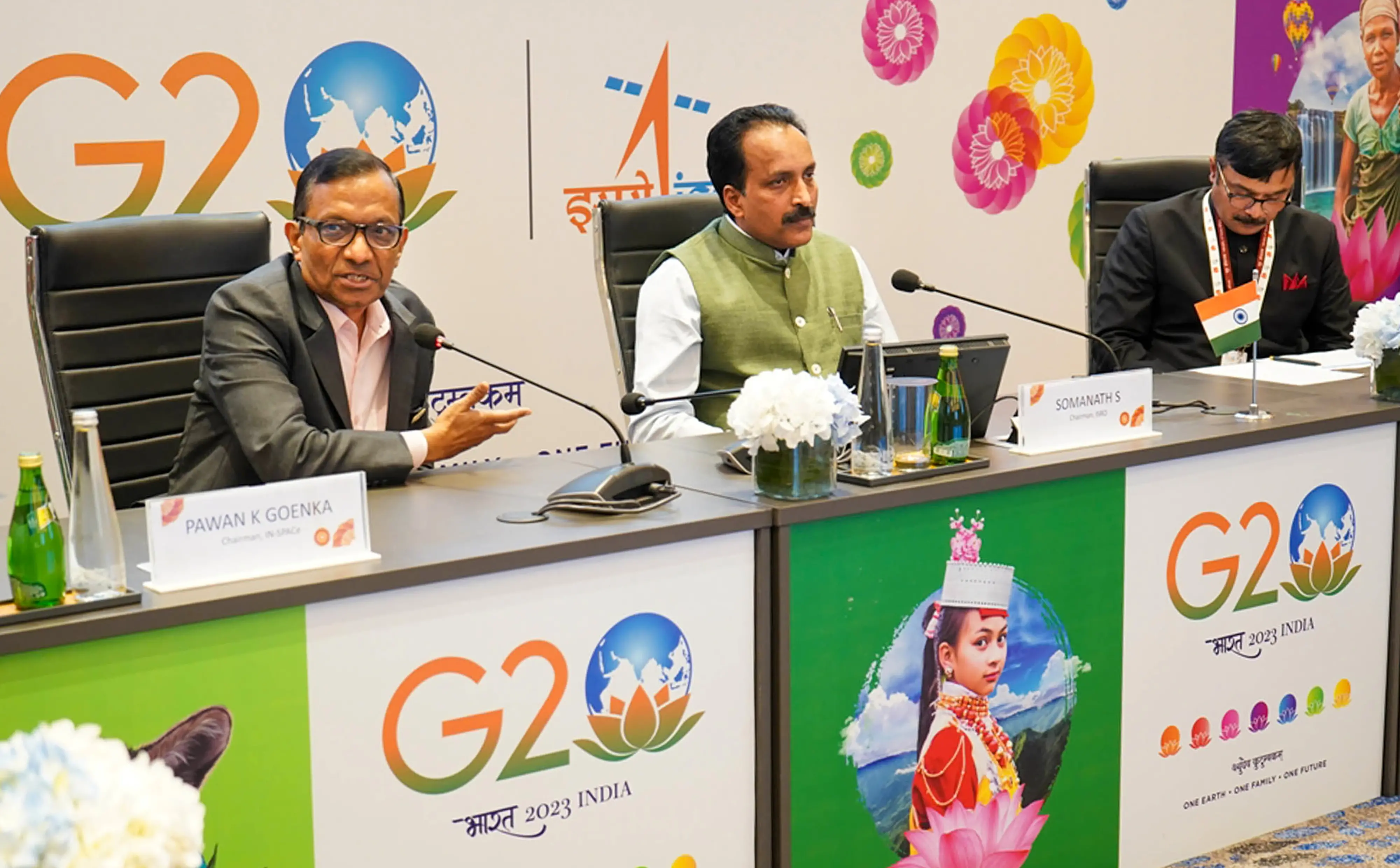 Department of Space Secretary and ISRO Chairman S. Somanath (C), Indian National Space Promotion and Authorisation Centre (IN-SPACe) Chairman Pawan Kumar Goenka (L) and Principal Secretary to the Government of Meghalaya Shakil P. Ahammad address a press conference of the G20 Space Economy Leaders Meeting (SELM) - Precursor Meeting, in Shillong.| File image: PTI