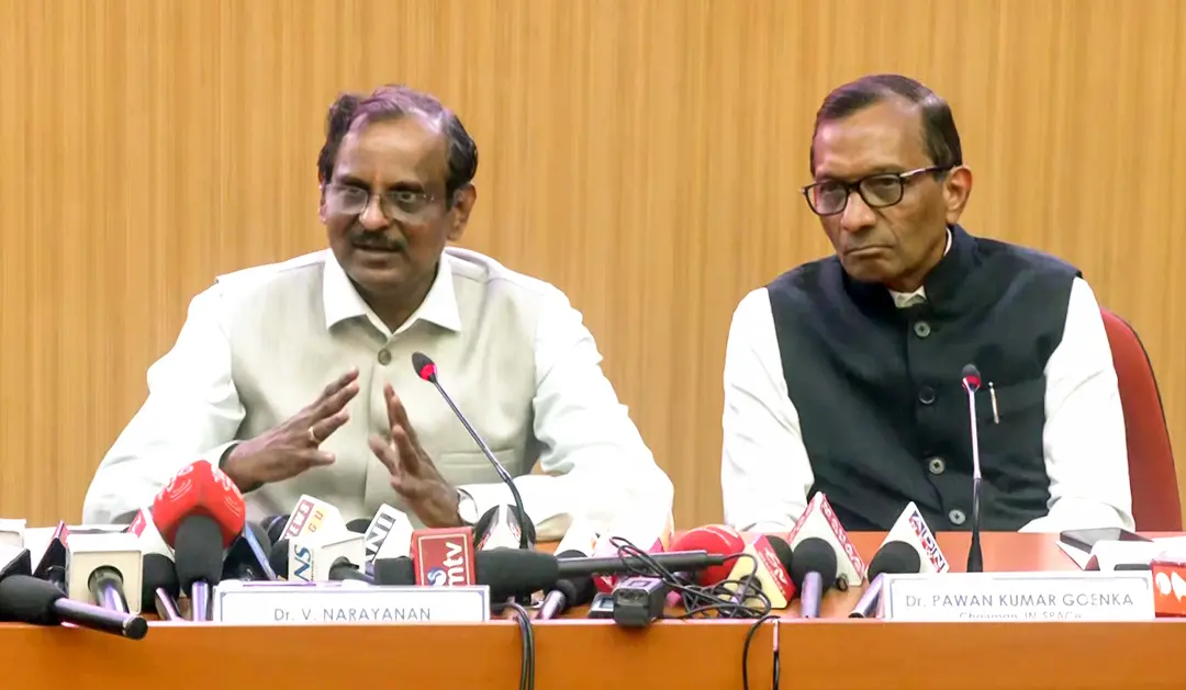 ISRO Chairman V Narayanan addresses a press conference following the launch of Vikram-1, India's first privately developed orbital rocket from the Satish Dhawan Space Centre, in Sriharikota.| Photo: X@ANI