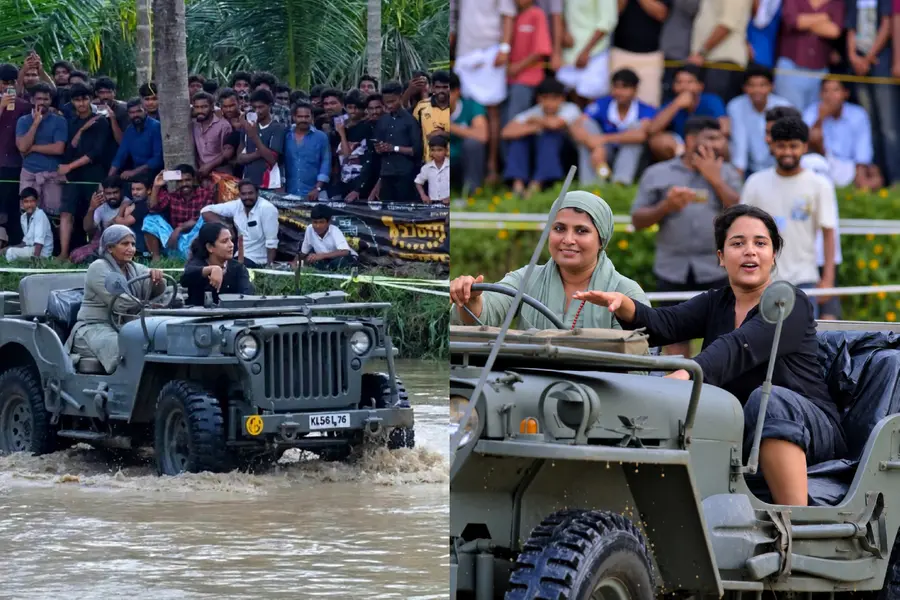 Babitha and her daughter Sayyina Hasan navigating a Willys jeep through a muddy course during an off-road driving event