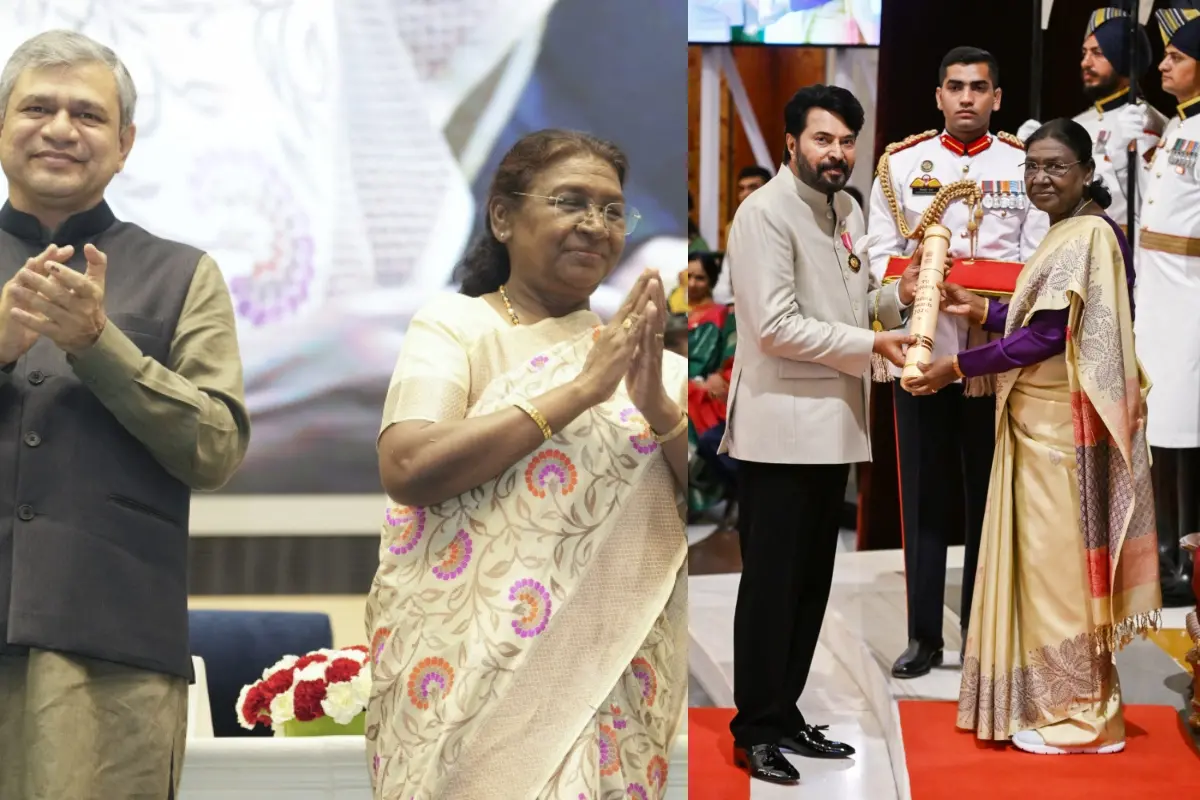 ദ്രൗപതി മുര്‍മുവും അശ്വിനി വൈഷ്ണവും, മമ്മൂട്ടി പദ്മഭൂഷണ്‍ ഏറ്റുവാങ്ങുന്നു (ഫയല്‍ ചിത്രം) | ഫോട്ടോ: എ.എന്‍.ഐ