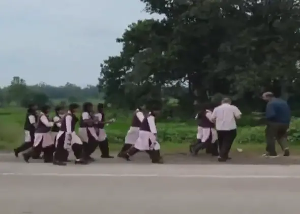 Screengrab from video showing students marching to meet the collector over hostel and teaching issues in Surguja