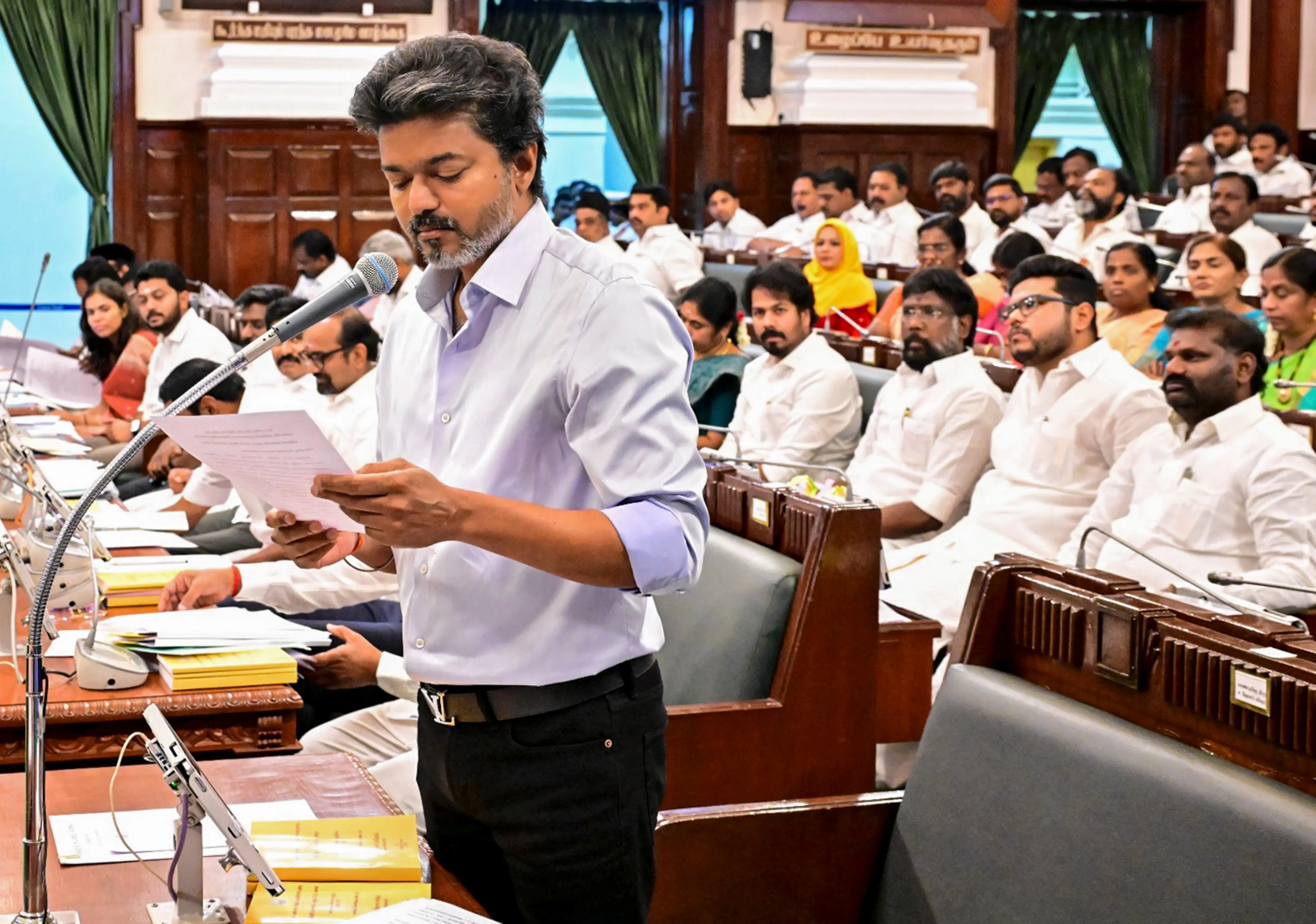 Tamil Nadu Chief Minister Joseph Vijay speaks during the state Legislative Assembly session, in Chennai.| Photo: PTI