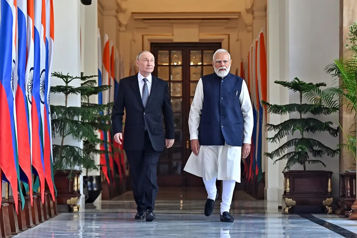 Prime Minister Narendra Modi and Russian President Vladimir Putin during the 23rd India-Russia annual summit at the Hyderabad House, in New Delhi on Friday | Photo: ANI