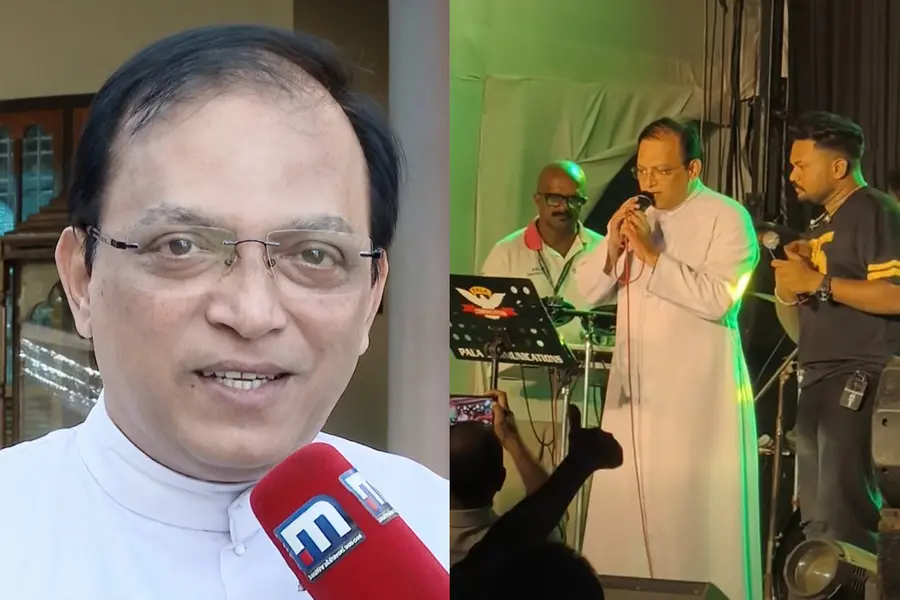 Father Francis Pullukattu sings Lord Krishna devotional song on stage during the St Mary's Church feast in Ithithanam