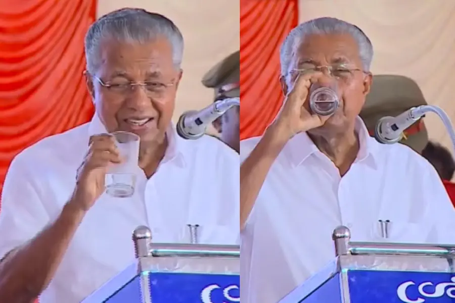 ‘ഇതുകൊണ്ട് വെള്ളം കുടിക്കുന്നതാണെന്ന് കൊടുക്കണ്ട’- പ്രസംഗത്തിനിടയിൽ വെള്ളം കുടിച്ചത് തമാശയാക്കി പിണറായി
