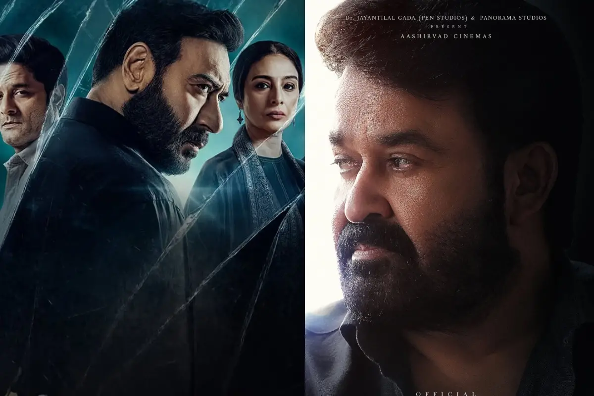 അജയ് ദേവ്ഗണ് 'ദൃശ്യം 3' പോസ്റ്ററില്, മോഹന്ലാല് 'ദൃശ്യം 3' പോസ്റ്ററില് | Photo: Facebook/ Star Studio18, Aashirvad Cinemas