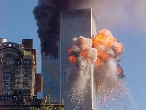 Smoke billows from the twin towers of the World Trade Center in New York