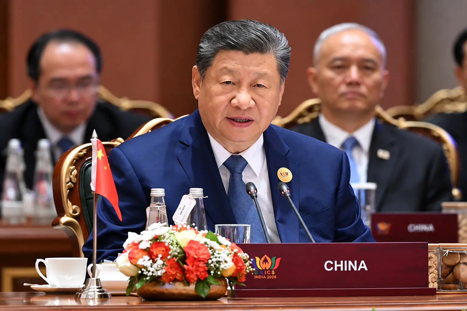 Chinese President Xi Jinping addresses the BRICS Summit in New Delhi, calling for peace and stability in the Middle East and Gulf region.