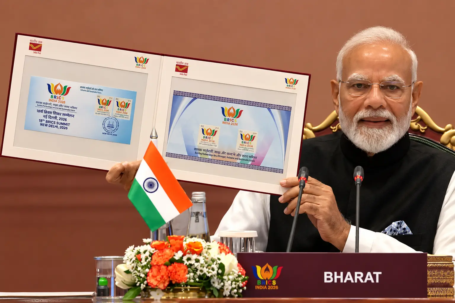 PM Narendra Modi at the 18th BRICS Summit in New Delhi, where his official placard prominently reads 'Bharat' instead of 'India'.
