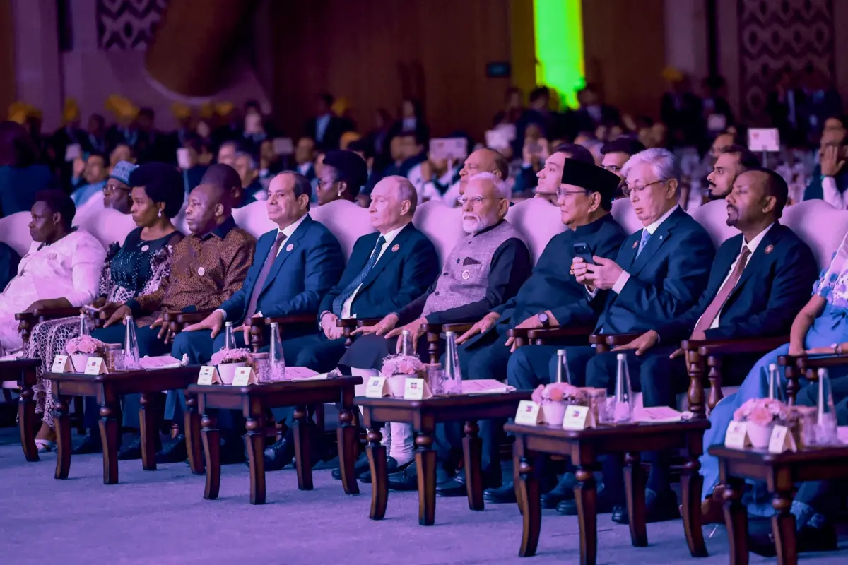 Prime Minister Narendra Modi with Russian President Vladimir Putin, Indonesian President Prabowo Subianto, South African President Cyril Ramaphosa, Egyptian President Abdel Fattah el-Sisi, Ethiopian Prime Minister Abiy Ahmed Ali, Kazakhstan President Kassym-Jomart Tokayev, and others, during a Gala dinner hosted by PM Modi for visiting leaders of the 18th BRICS Summit, in New Delhi. (MEA via PTI Photo)