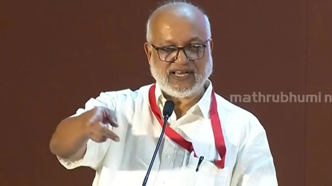 M A Bbay speaking at the CPM extended state committee meet in Kozhikode | Photo: Screengrab/MBINews