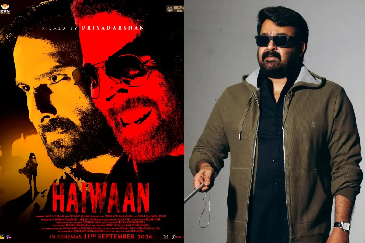 ഹൈവാൻ എന്ന ചിത്രത്തിന്റെ പോസ്റ്റർ, ഒപ്പം എന്ന ചിത്രത്തിൽ മോഹൻലാൽ | ഫോട്ടോ: X, Facebook