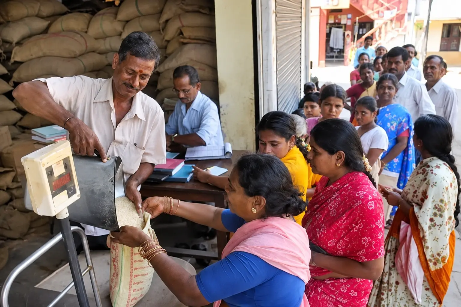 Representational image of beneficiaries collecting rice from a ration shop.