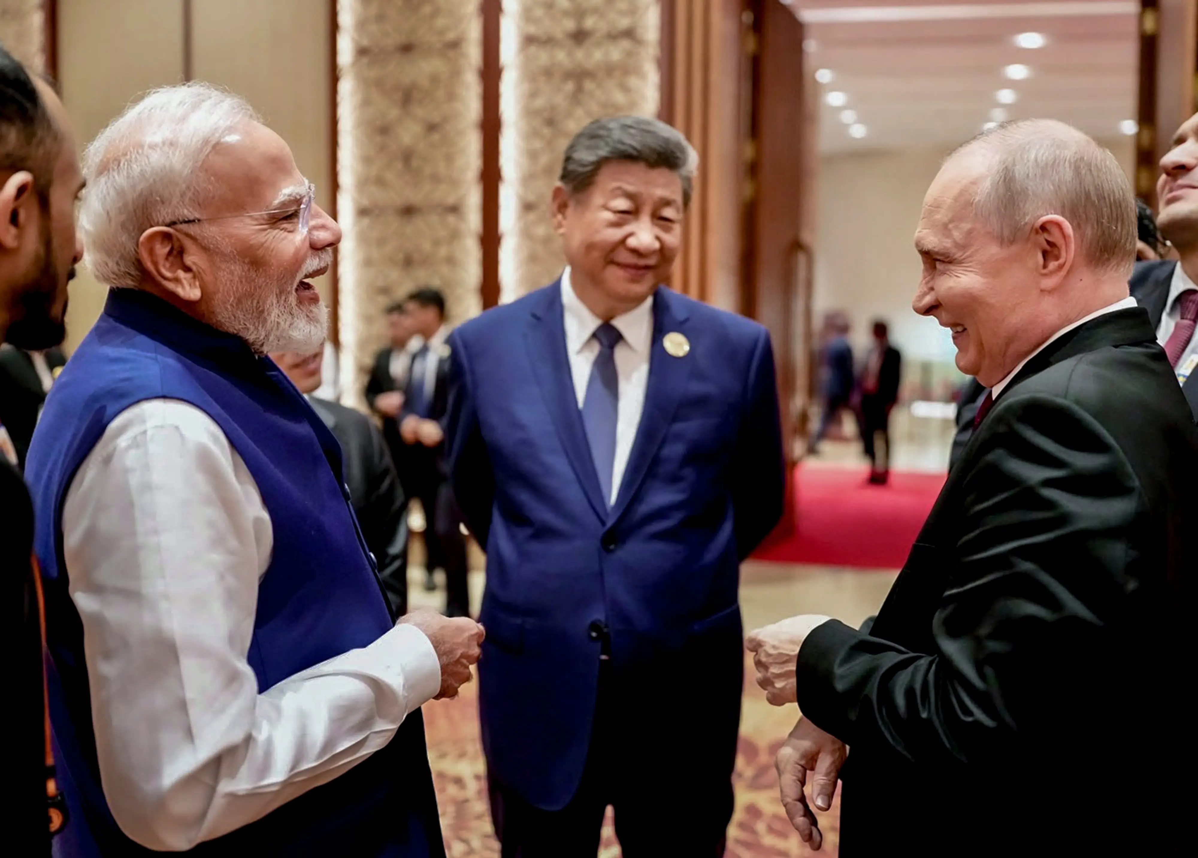 Prime Minister Narendra Modi with Russian President Vladimir Putin and Chinese Premier Xi Jinping on the sidelines of the 18th BRICS Summit, in New Delhi | Photo: PTI
