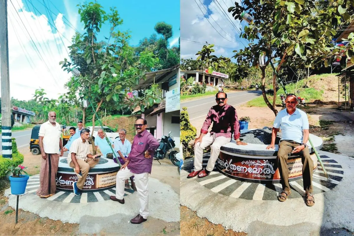 നമ്പിക്കൊല്ലിയിലെ വയലാർ ഗാനതീരം-തണലോരത്ത് ബിജുവും ജോർജും നാട്ടുകാരുമൊത്തുള്ള വൈകുന്നേരക്കാഴ്ച | Photo: Mathrubhumi