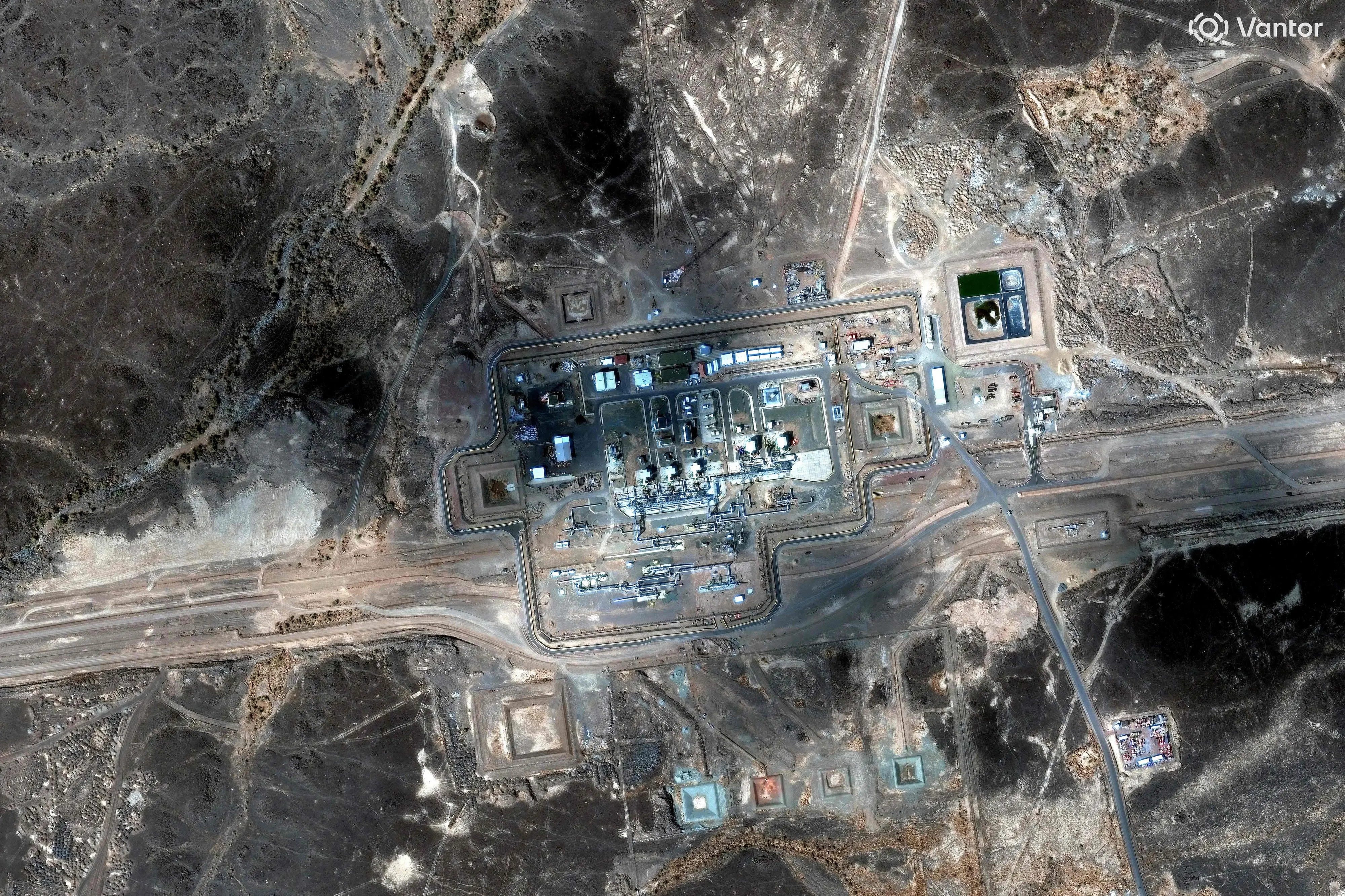 This handout satellite image released by Vantor shows a view of a pumping station along the general route of Saudi Arabia's East-West pipeline (Petroline) in al-Mesabaah, southeast of Medina
