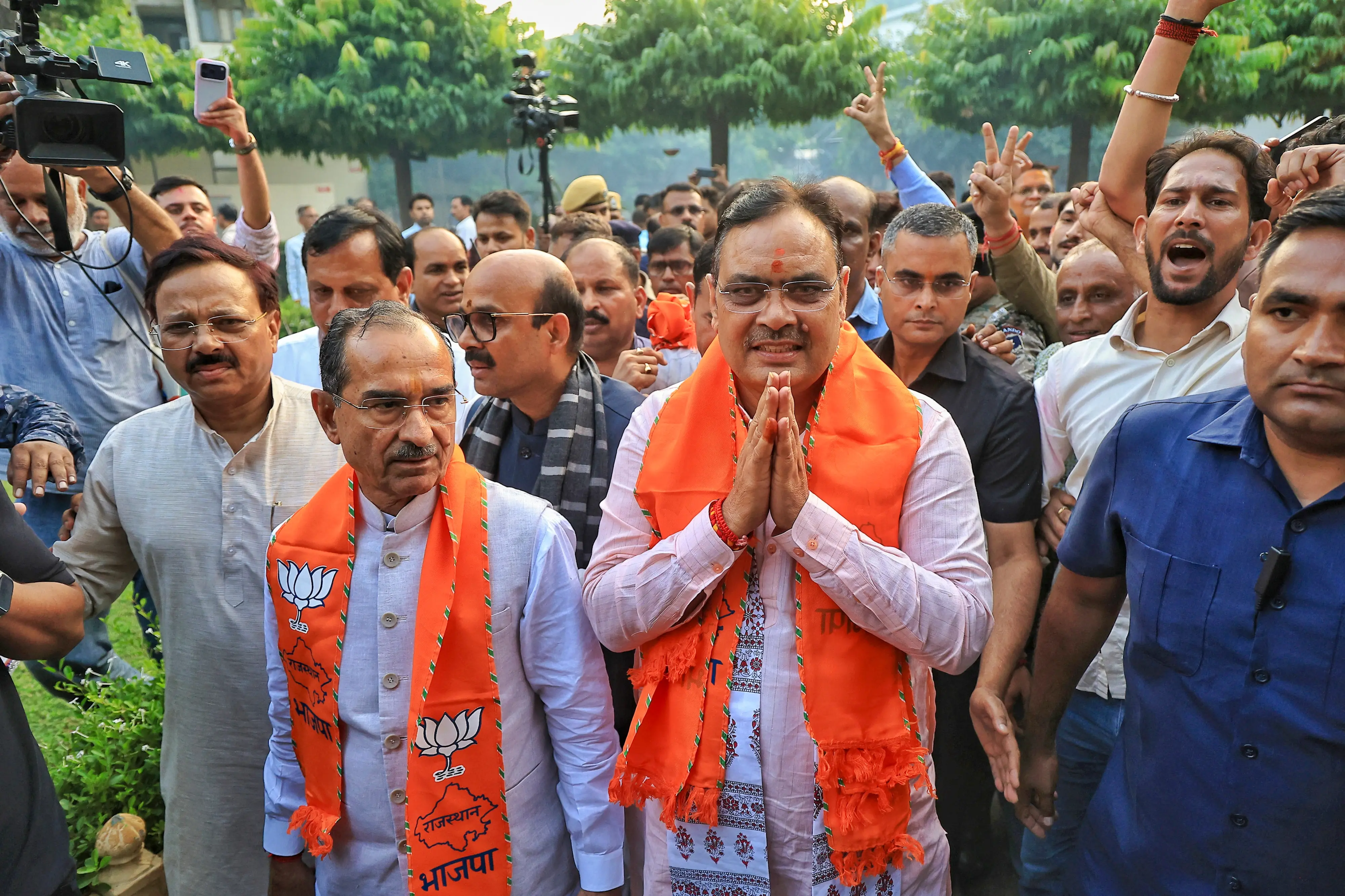 Rajasthan Chief Minister Bhajan Lal Sharma and BJP State President Madan Rathore, along with party leaders, celebrate following the ruling party's performance in the Rajasthan Urban Local Body elections at the BJP headquarters | PTI