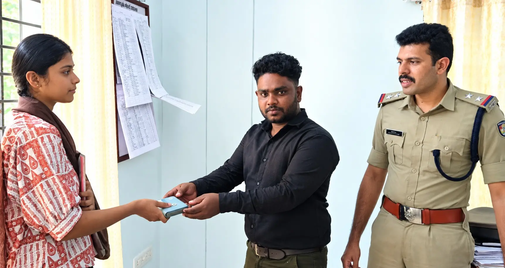 ഹരീഷിന് കളഞ്ഞുകിട്ടിയ പഴ്സ് എസ്.ഐ.മിഥുന്റെ സാന്നിധ്യത്തിൽ സഹനയ്ക്ക് കൈമാറുന്നു