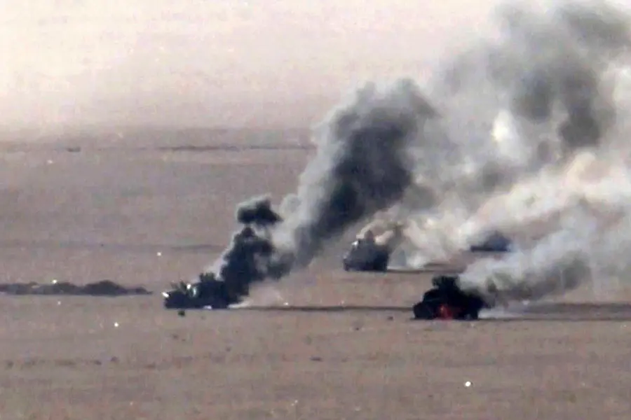 This handout picture, released on September 15, 2026, by Ansarullah Media Centre reportedly shows burning military vehicles that they targeted in al-Jawf.