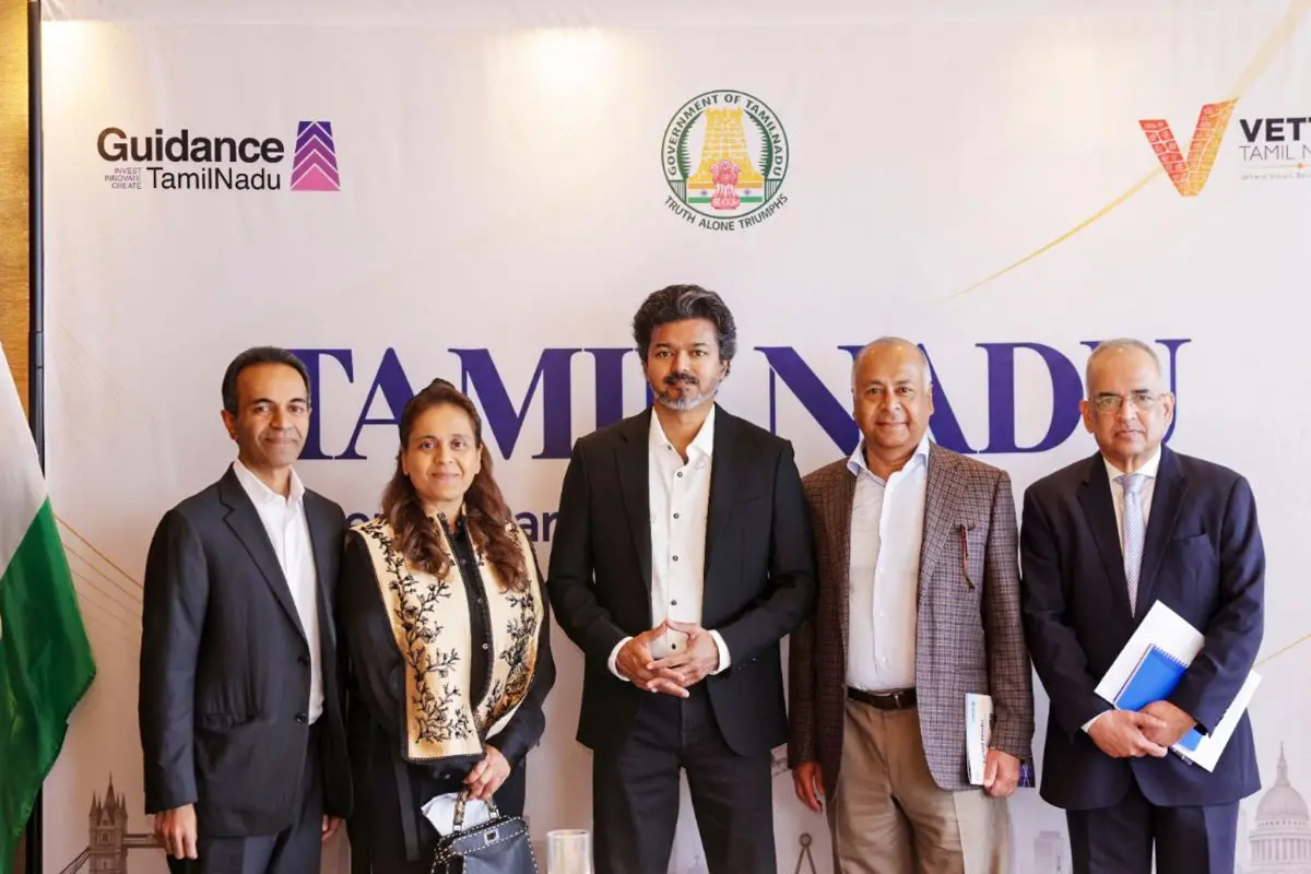 In this image received on Sept. 14, 2026, Tamil Nadu Chief Minister C Joseph Vijay, with other officials, during a meeting to discuss investments in the state's renewable energy sector, in London, UK. (Handout via PTI Photo)