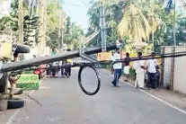 ‘കോഴി ലോറി’ മറിഞ്ഞ് രണ്ട് വൈദ്യുതത്തൂണുകൾ തകർന്നു