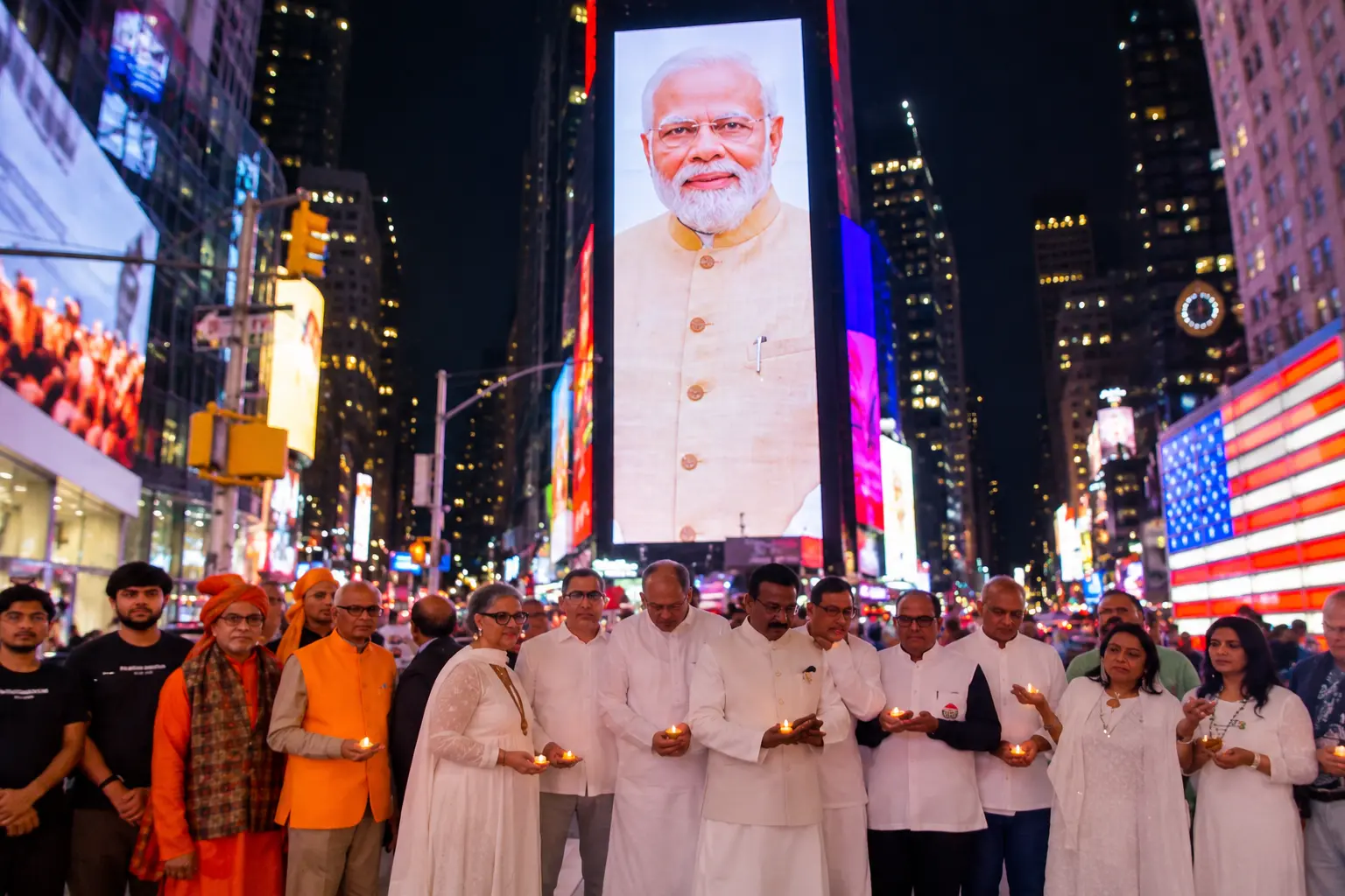 A birthday tribute to Prime Minister Narendra Modi lights up Times Square as Indian-American community organisations come together in New York. (IANS Screengrab)