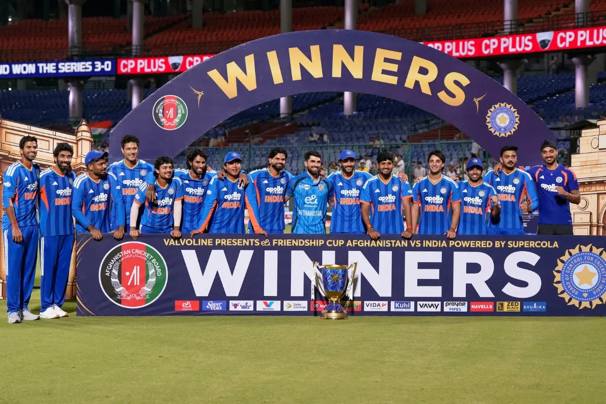 India's captain Shreyas Iyer and others along with Afghanistan's captain Ibrahim Zadran pose for photographs with the trophy after winning a T20I cricket series against Afghanistan | Photo: PTI