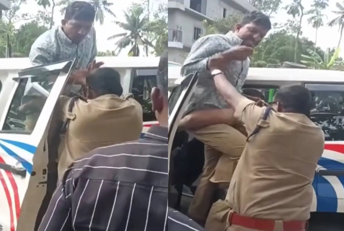 പോലീസിന് നേരെ മദ്യപന്റെ ആക്രമണം | Photo: screengrab/mathrubhumi news