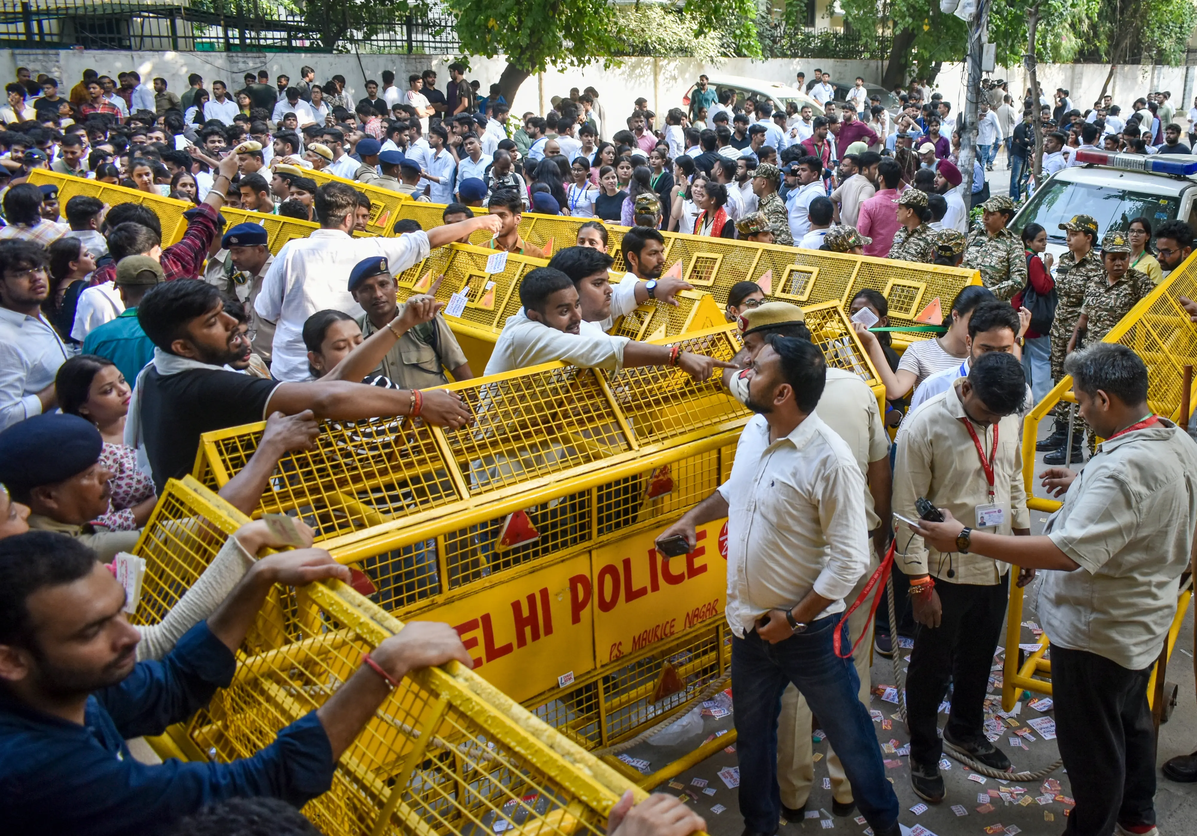 ABVP activists raise slogans during a protest, amid voting in the Delhi University Students Union (DUSU) elections, at Law Centre-I, Faculty of Law, in New Delhi | PTI