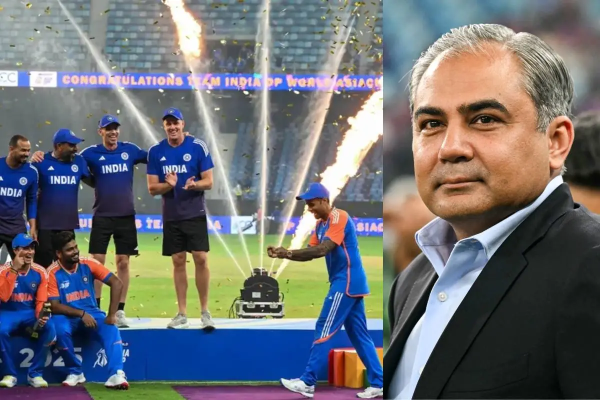 ഇന്ത്യന് ടീം ട്രോഫിയില്ലാതെ ആഘോഷിക്കുന്നു/ മൊഹ്സിന് നഖ്വി | Photo: ANI/ AFP
