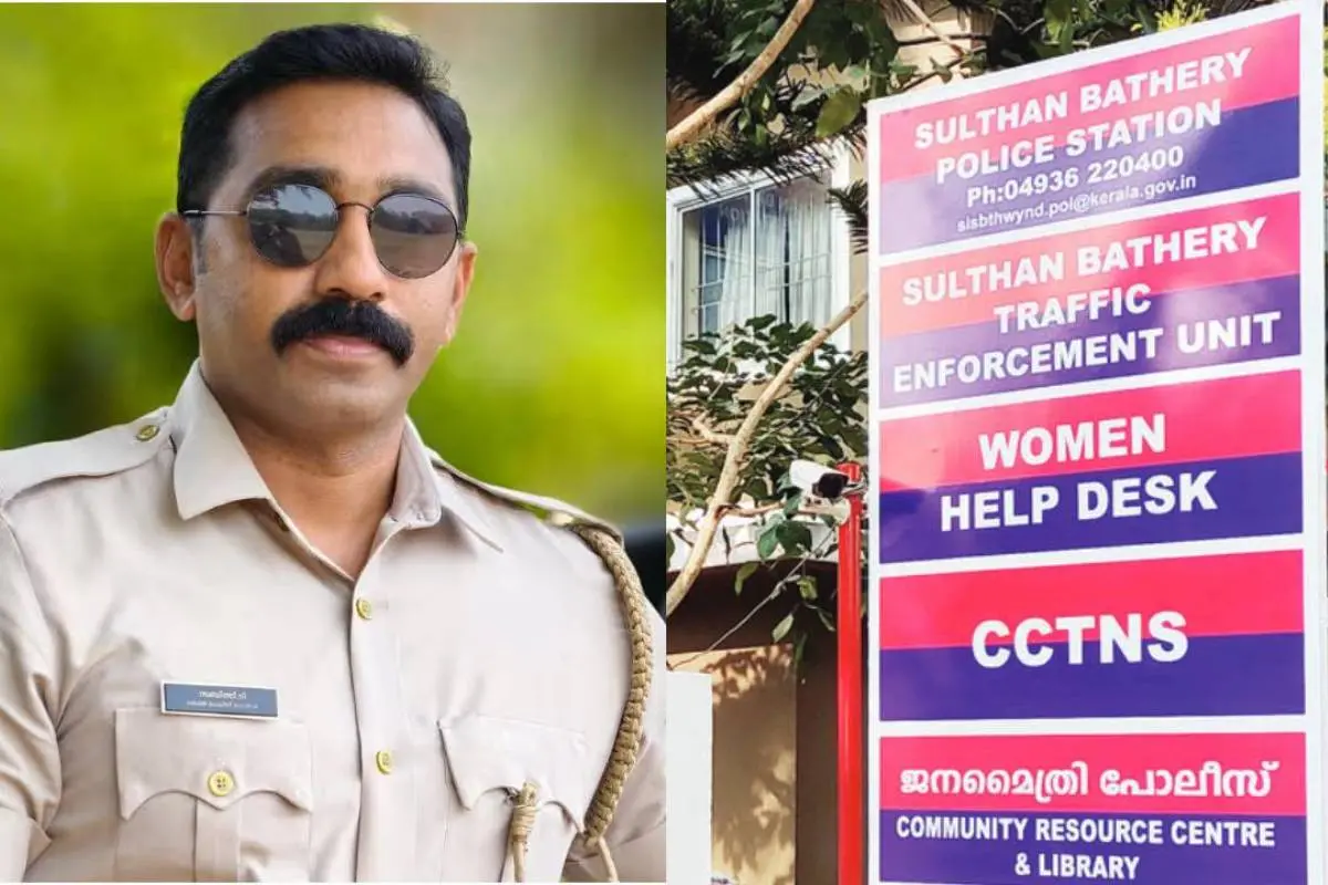 Suspended cop Sabith (left); Sulthan Bathery Police Station