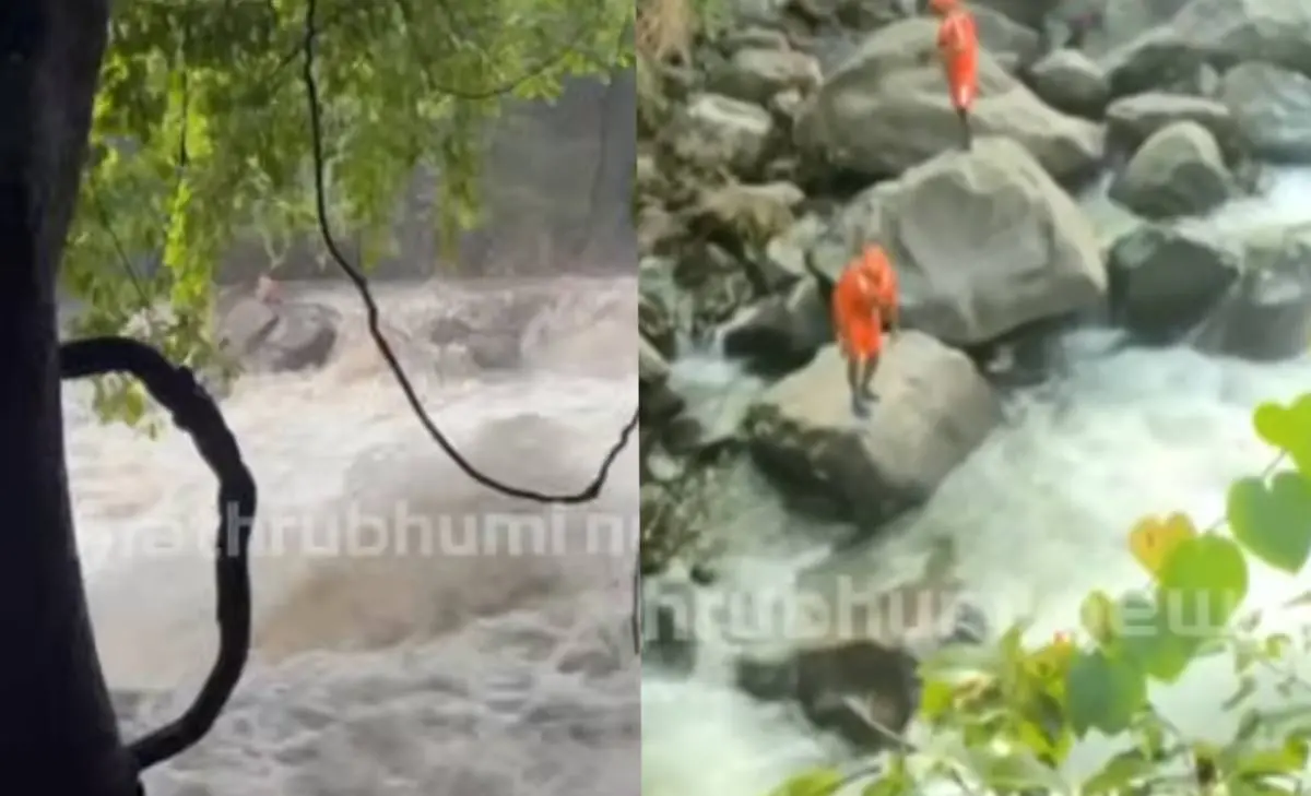 നിലമ്പൂർ ചോക്കാട് മേഖലയിലുണ്ടായ മലവെള്ളപ്പാച്ചിൽ | Photo: Screengrab/mathrubhumi news