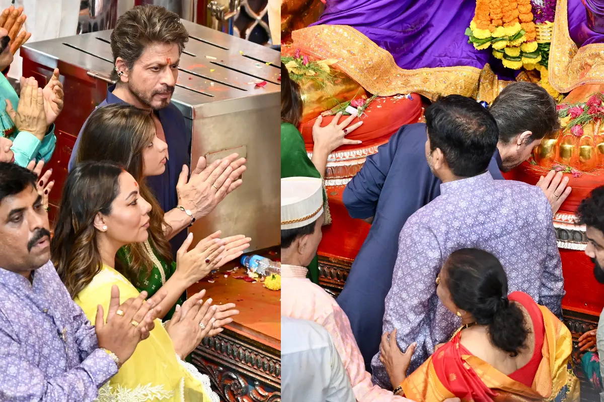 Shah Rukh Khan with Gauri Khan and Suhana Khan at Lalbaugcha Raja during Ganesh Chaturthi. Photo | X