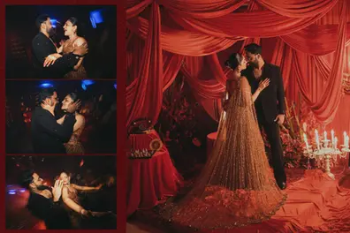 Ahaana Krishna and Nimish Ravi’s Sangeet was a crimson old-Hollywood dream | PICTURES