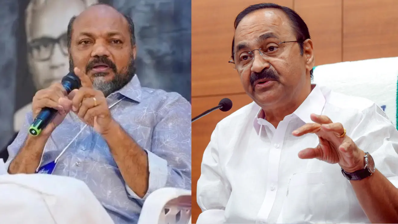CPM leader P Rajeev (left), Kerala Chief Minister V.D. Satheesan | Photo: Mathrubhumi/PTI