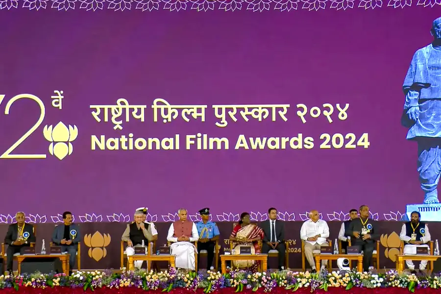 President Droupadi Murmu with Gujarat Governor Acharya Devvrat, Chief Minister Bhupendra Patel, Union Minister Ashwini Vaishnaw and others during the 72nd National Film Awards