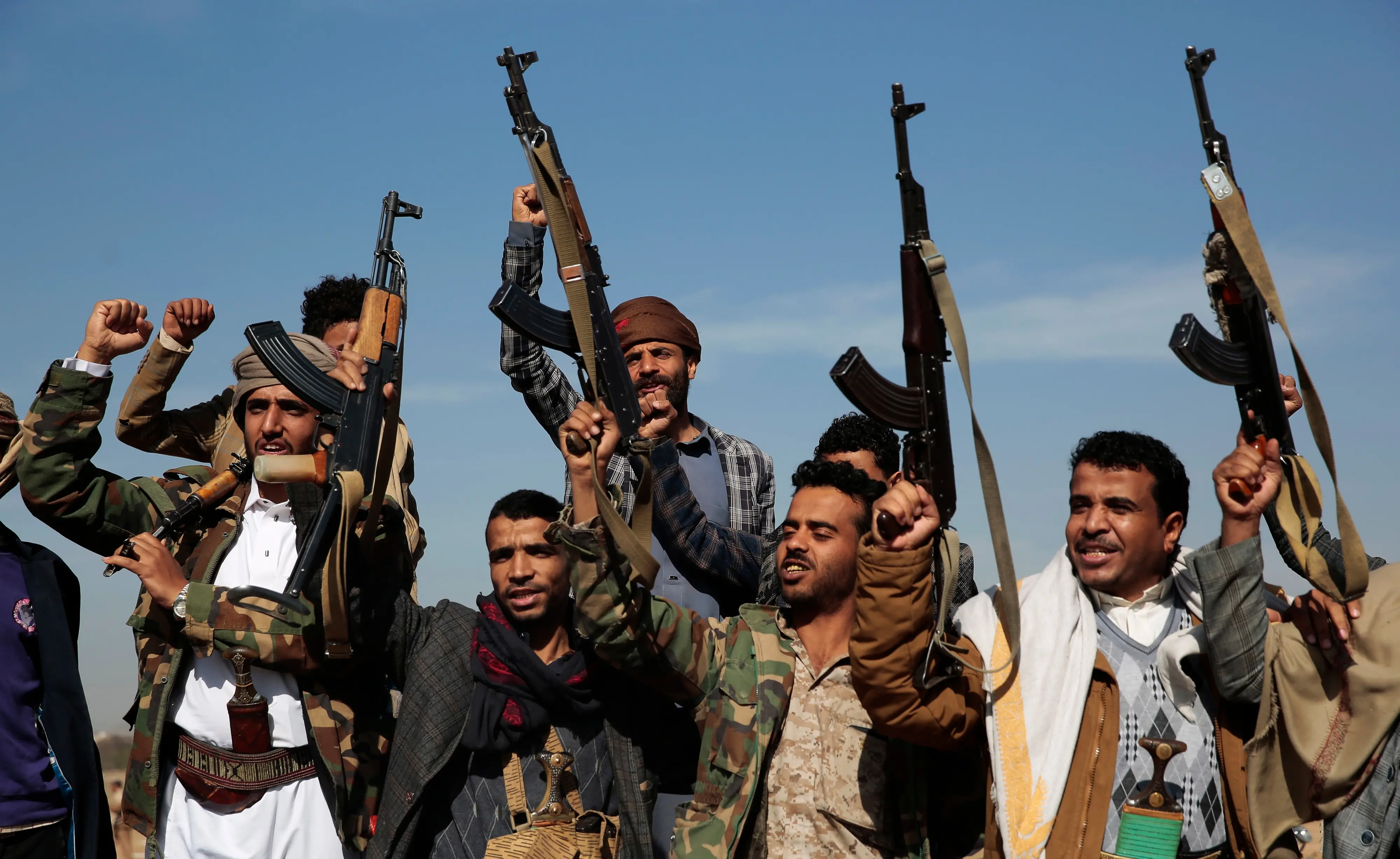 Houthi fighters stage a rally in support of the Palestinians in the Gaza Strip and against the U.S.-led airstrikes on Yemen, in Sanaa, Yemen.| Photo: PTI