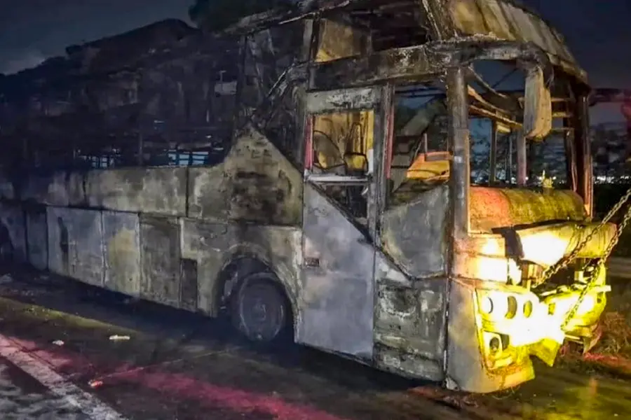 Charred remains of a sleeper bus after it caught fire on the Yamuna Expressway in the Greater Noida area