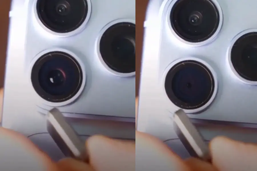 Screengrab from a video showing a user apparently controlling the iPhone 18 camera's aperture using a magnet