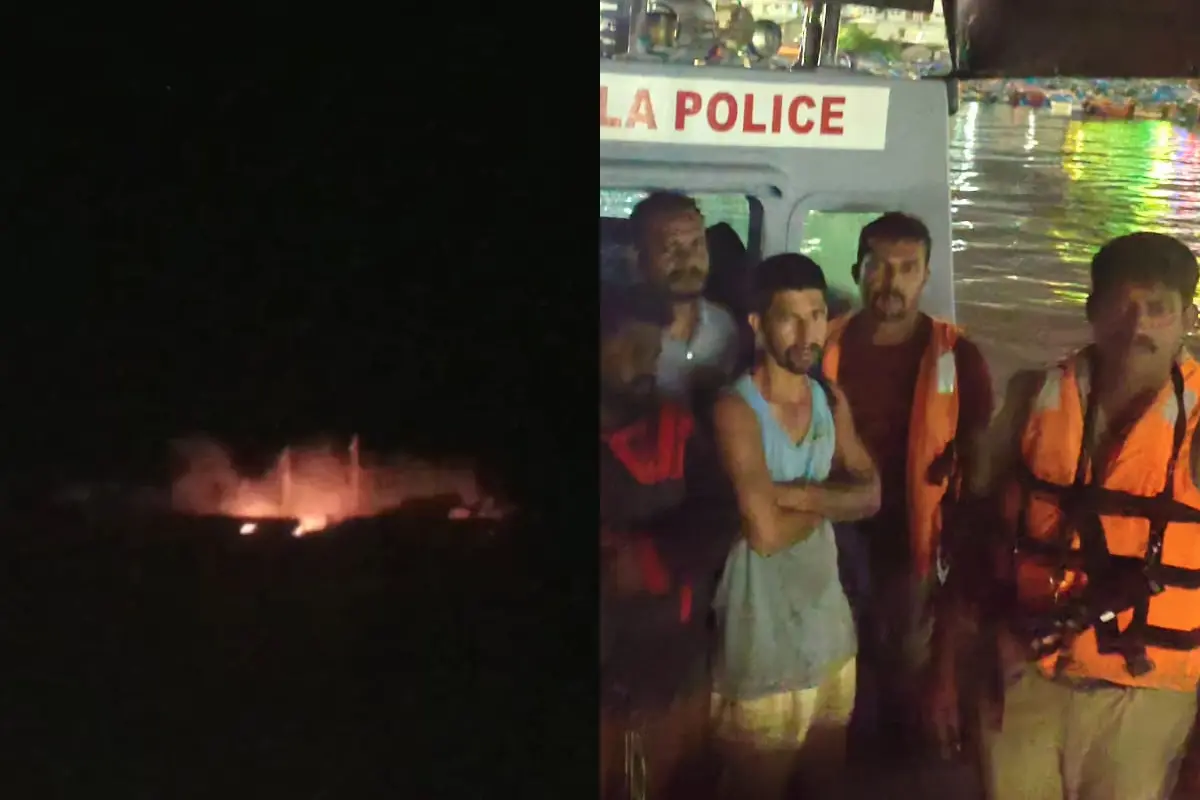 മീൻ പിടിത്ത ബോട്ട് കത്തുന്ന ദൃശ്യം, ജീവനക്കാരെ കോസ്റ്റൽ പോലീസ് രക്ഷപ്പെടുത്തിയപ്പോൾ